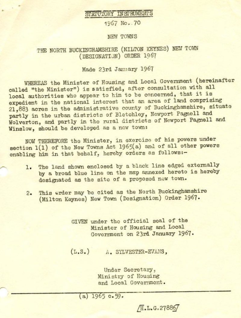 The parliamentary order creating Milton Keynes as a "New Town" 