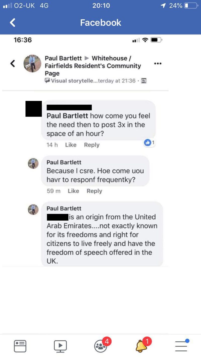 The comments from Mr Bartlett on a thread in a community Facebook group have been reported by the resident involved and further call into question Mr Bartletts suitability to stand as a candidate for the Conservatives in the local elections on May 2nd.
