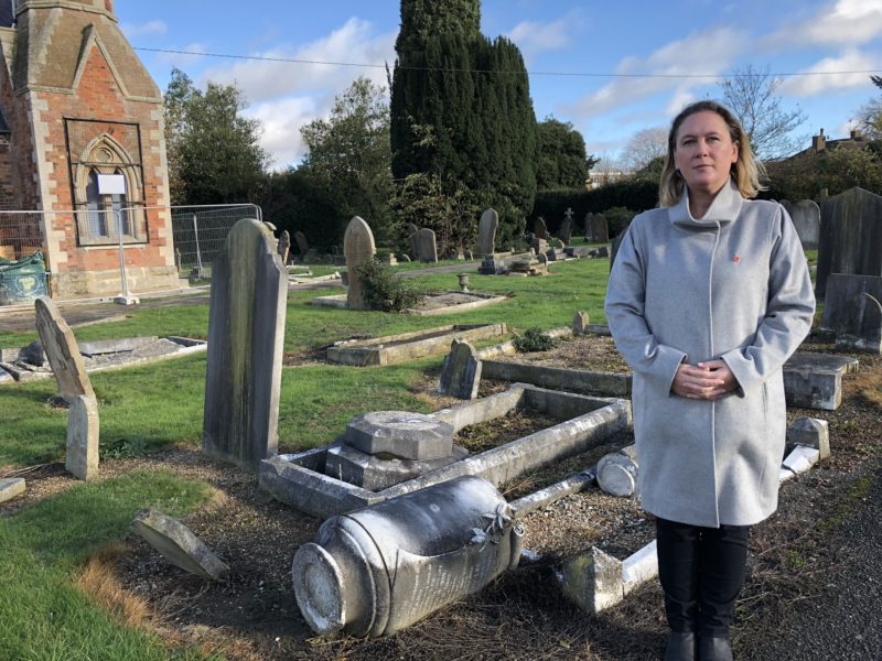Cllr Emily Darlington highlighting the vandalism last November. Since then the cemetery has been repaired and is now being given a makeover following MK Council funding.